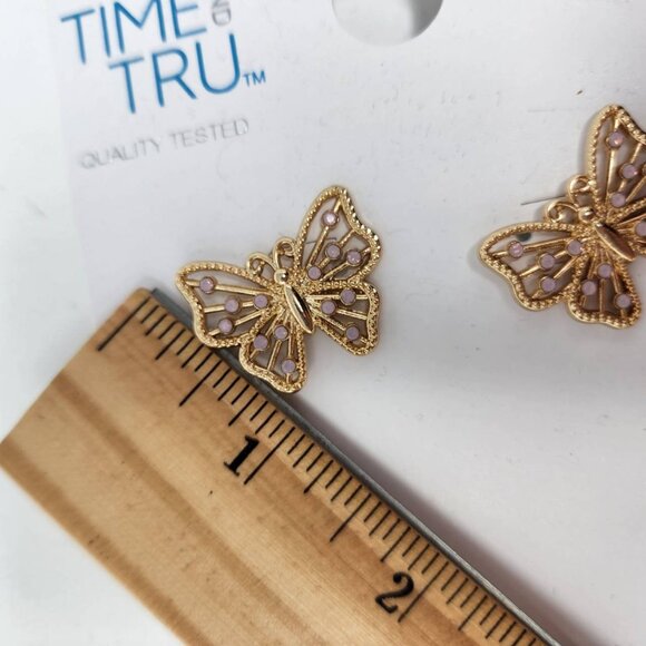Time And Tru Butterfly Stud Earrings Gold-Tone & Pink Hypo-Allergenic - Picture 4 of 6